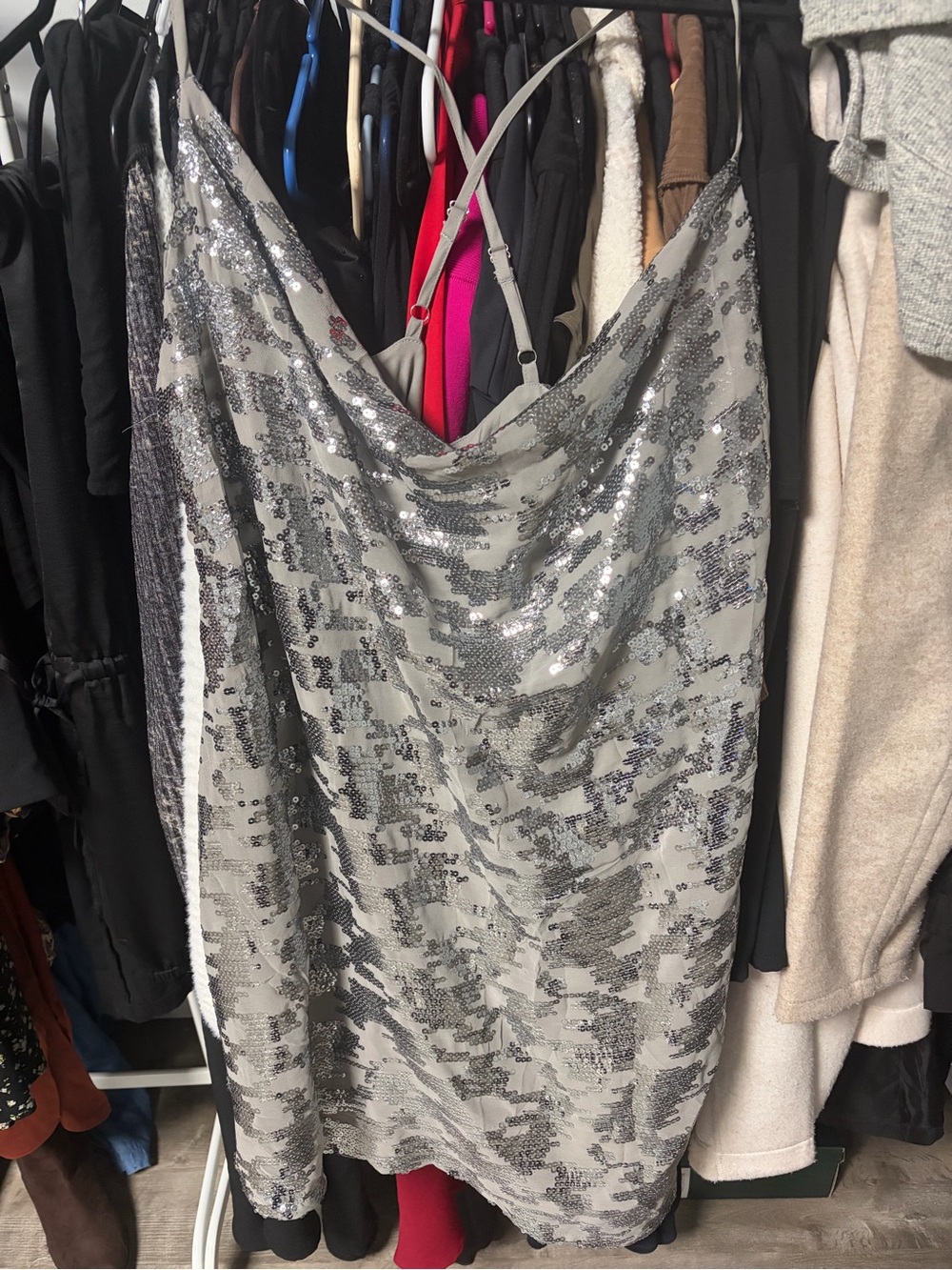 Silver Sequin Cowl Neck Slip Dress
